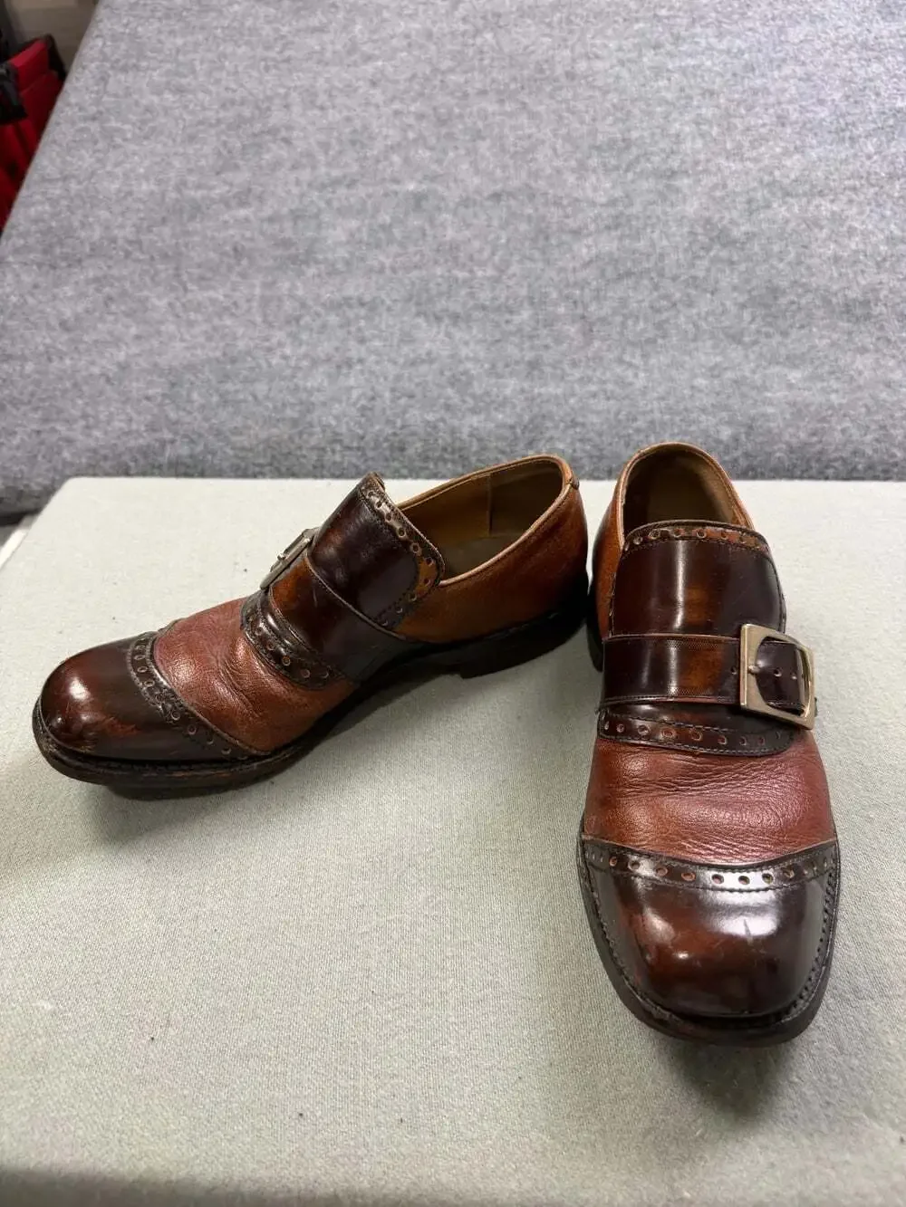 Vintage Mens Leather Monk Strap Shoes Two Tone Brown Brogue Buckle Custom Loafer